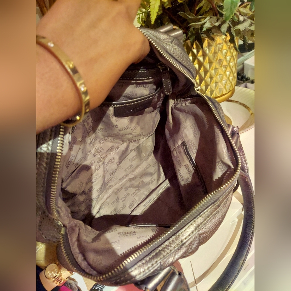 Michael Kors Fulton Metallic Dark Grey Leather Top Handle Bowler Bag Pur… - Picture 3 of 16